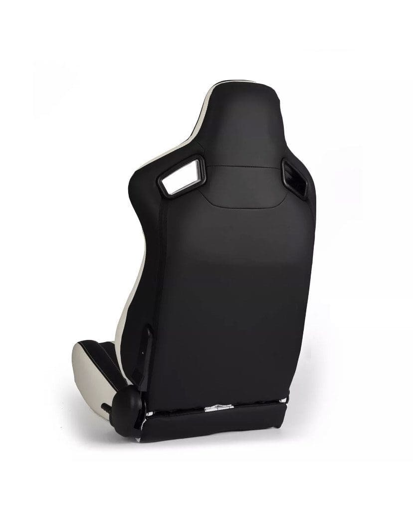 IMG_5201 A black racing-style car seat with ergonomic design.