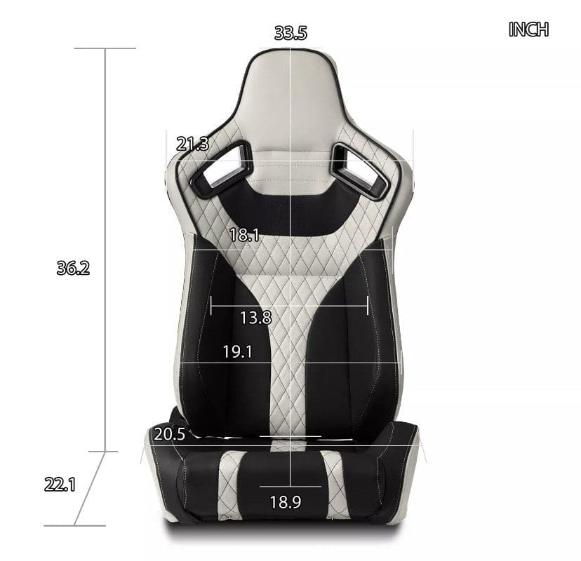 IMG_5204 Black and white racing seat with measurements shown.