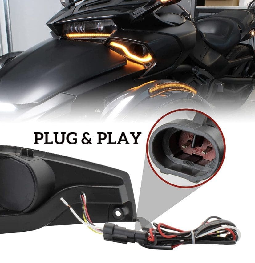 IMG_5380 Close-up of motorcycle lights with plug-and-play wiring harness.