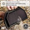 Hand washing a reusable air filter on gravel, promoting easy cleaning.