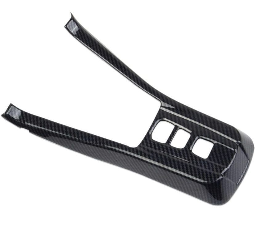 IMG_7413 Black carbon fiber car center console cover with cutouts.