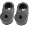 Two identical black metal mechanical parts with holes and recesses.