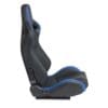 A sleek black and blue racing car seat designed for comfort and support.