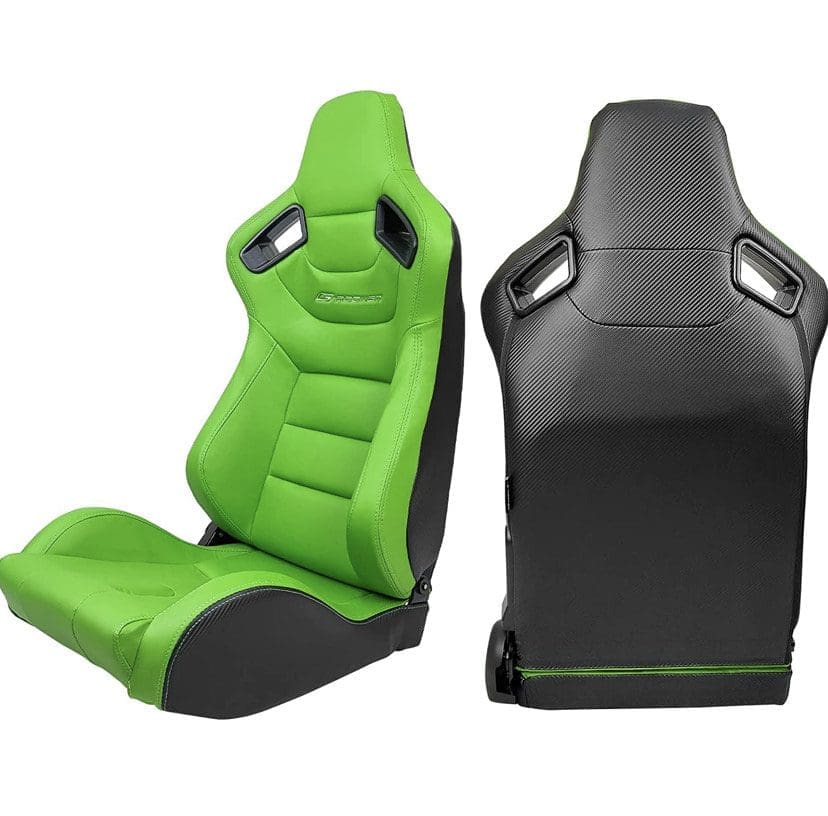 IMG_7905 Two sporty car seats, one green front and one black back.