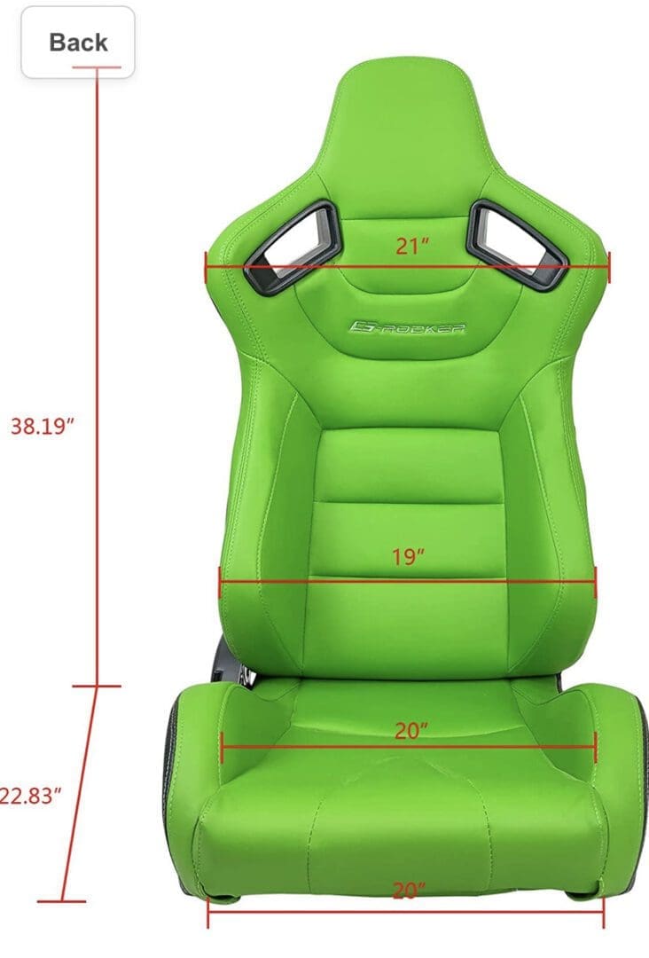 IMG_7907 Green gaming chair with detailed measurements for width and height.
