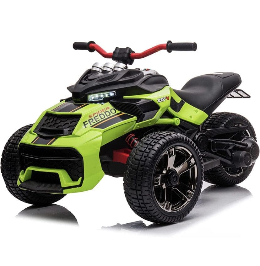 Green and black three-wheeled electric ride-on toy for kids.