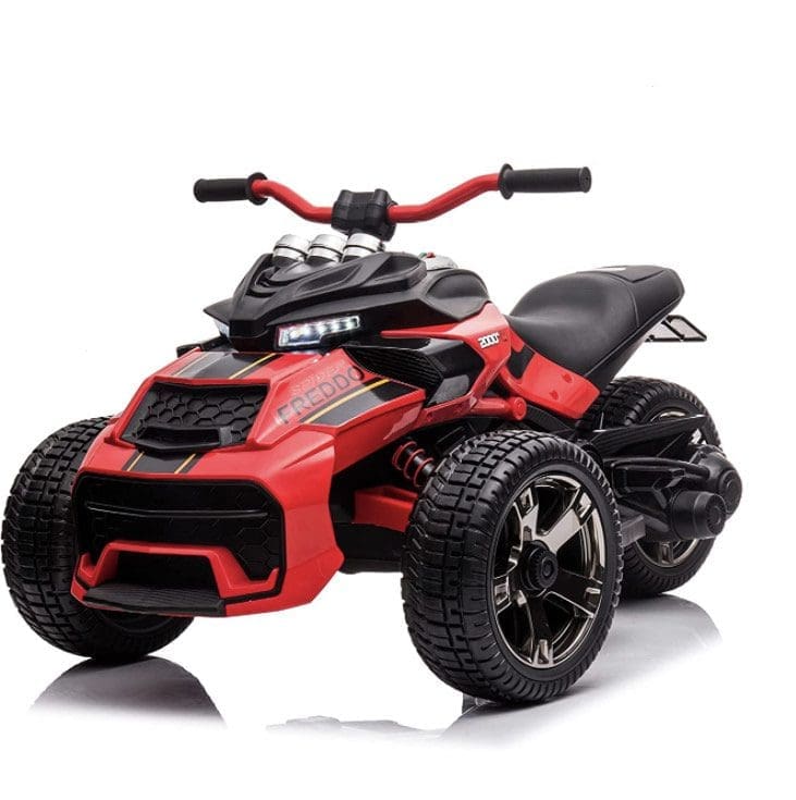 A red and black kids' electric ride-on quad bike with large wheels.