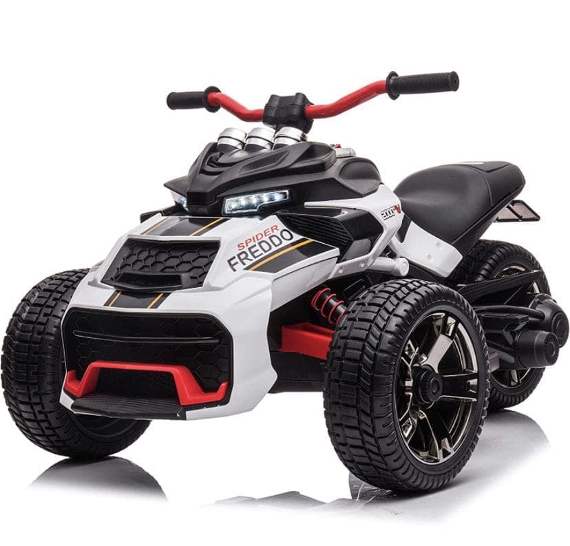 A sleek black and white kids' electric ride-on quad bike with red accents.