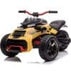 A yellow and black four-wheeled all-terrain vehicle with red handlebars.