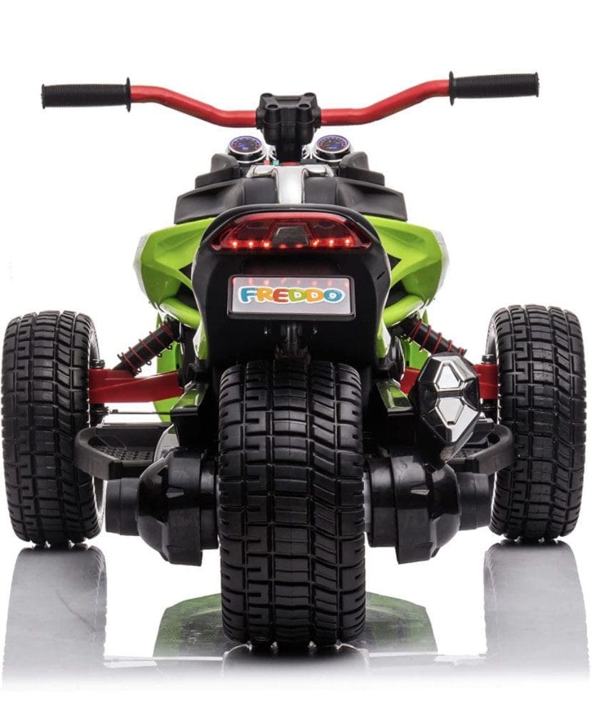 Front view of a green and black ATV with thick tires and red handlebars.