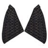 Two black quilted fabric pieces with geometric stitching.