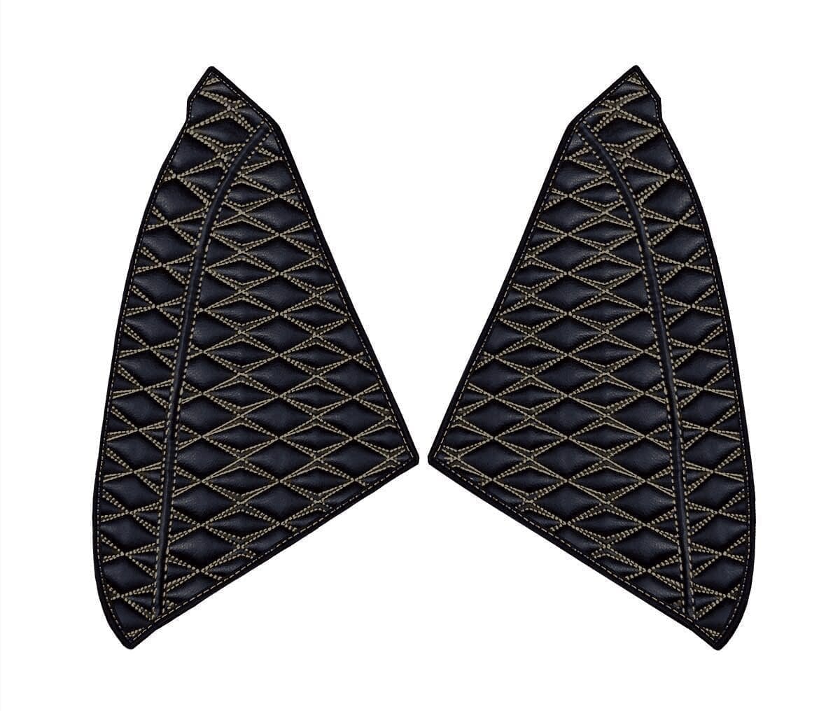 Two black quilted fabric pieces with geometric stitching.