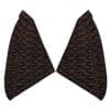 Pair of dark-colored fabric pieces with geometric patterns.