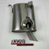 IMG-0032 Stainless steel automotive exhaust component with a curved pipe and mounting bracket.