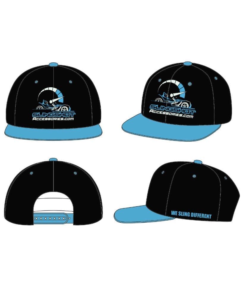 IMG-0256 Black and blue snapback hats with a logo on the front and side.