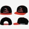 IMG-0257 Four views of a black and red baseball cap with a logo and text.