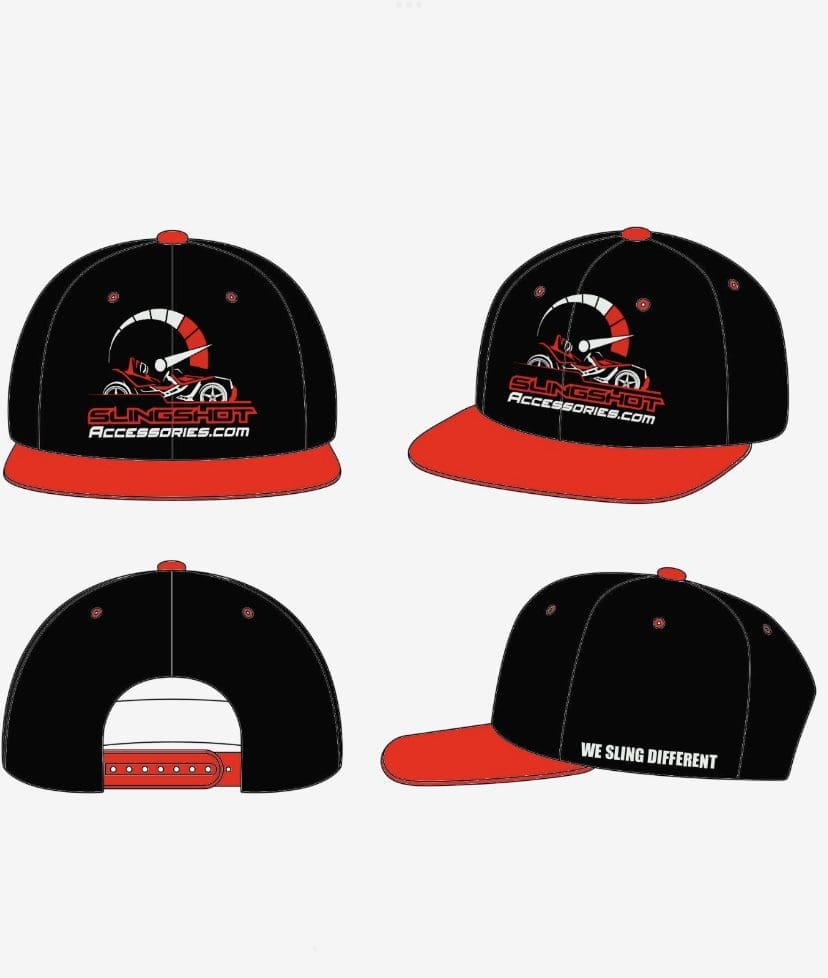IMG-0257 Four views of a black and red baseball cap with a logo and text.