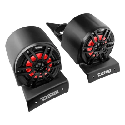 Pair of black and red marine speakers with mounting brackets.