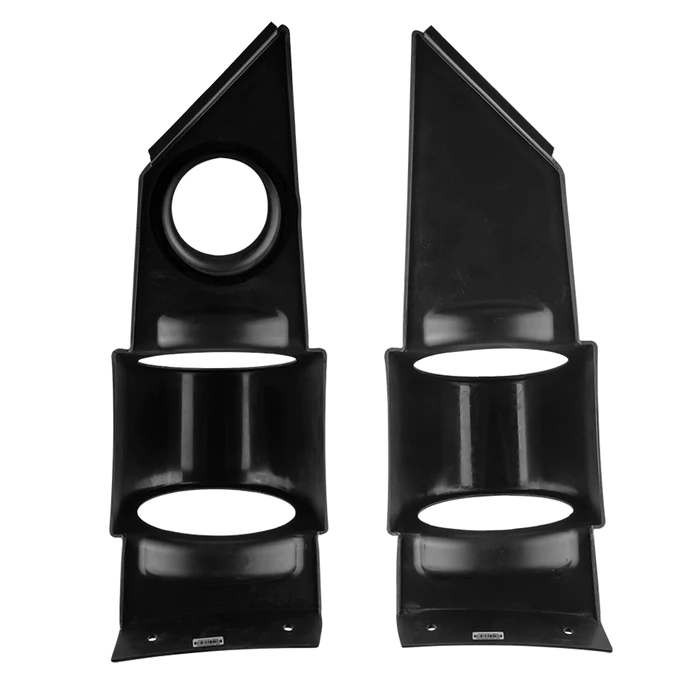 Black plastic mounting brackets with circular and rectangular cutouts.