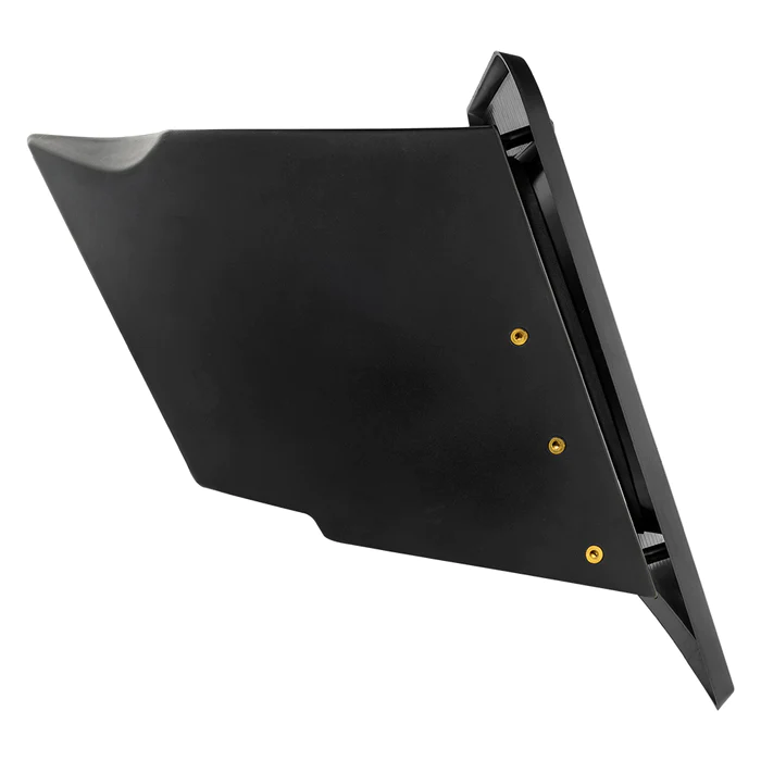 SLG-RSUB10-LEFT-SIDE_700x Black metal bracket with angled design and three gold screws.