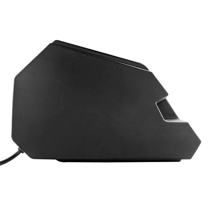 Black ergonomic vertical computer mouse with a wired connection.