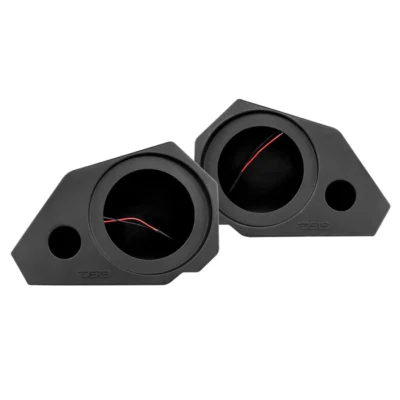 Two black automotive gauge pods with circular openings for instruments.