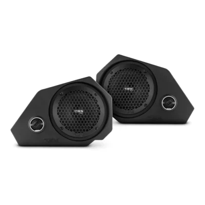 Two black portable Bluetooth speakers with geometric designs.