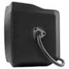 Black speaker with a cable attached at the back.