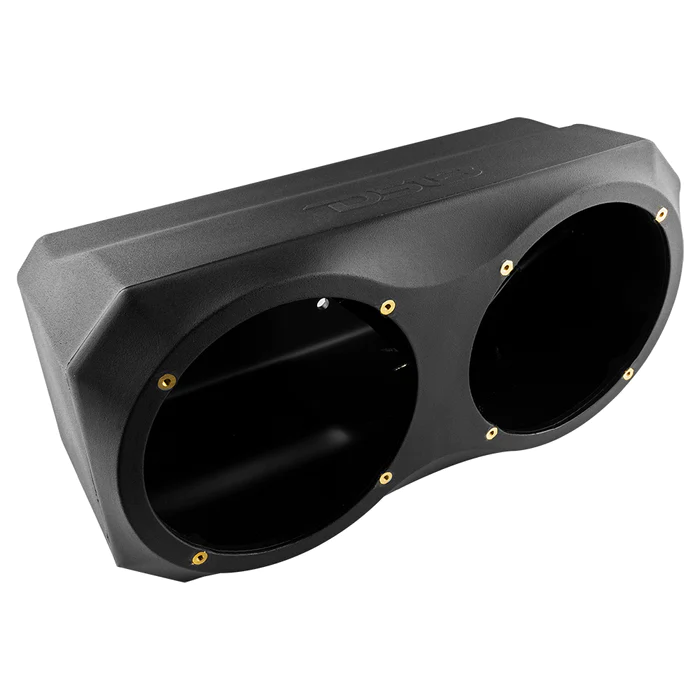 SLG-UDSD6-TOP-RIGHT_700x Black dual speaker enclosure with gold screws.