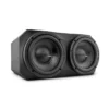 Dual subwoofer speaker in a black enclosure.