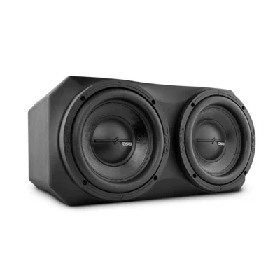 A black dual-subwoofer speaker unit designed for powerful bass.