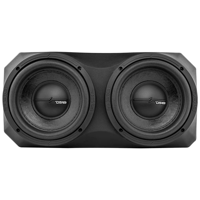 Dual black subwoofers in a rectangular enclosure.