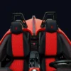 red Interior view of a car with red and black racing seats.