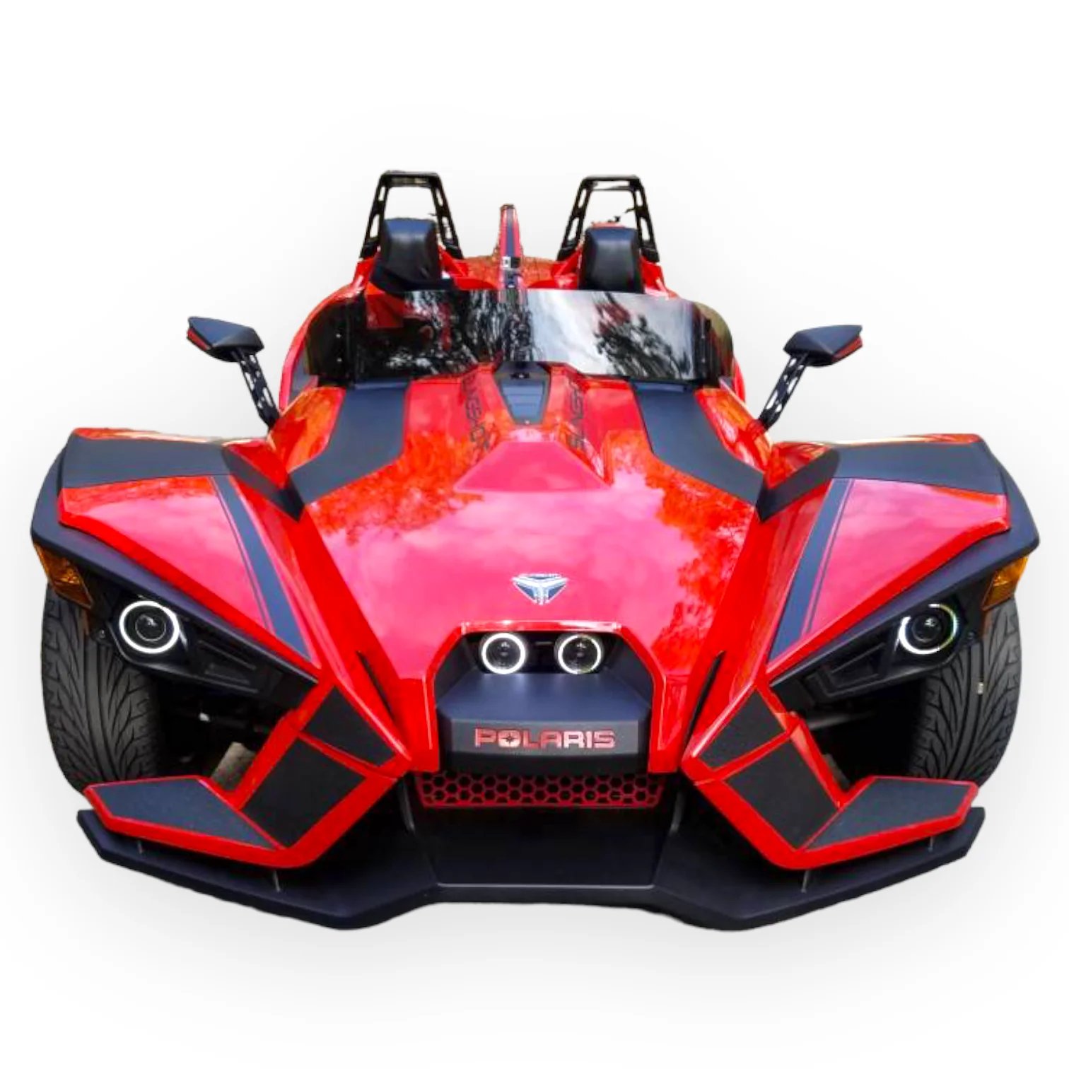 image_e34e81a2-9858-4e3e-83cb-34d5aebbb918_1800x1800 A sleek red and black three-wheeled sports car with two seats.