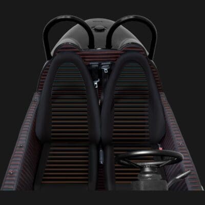 Top view of a luxury convertible car with sleek black seats.