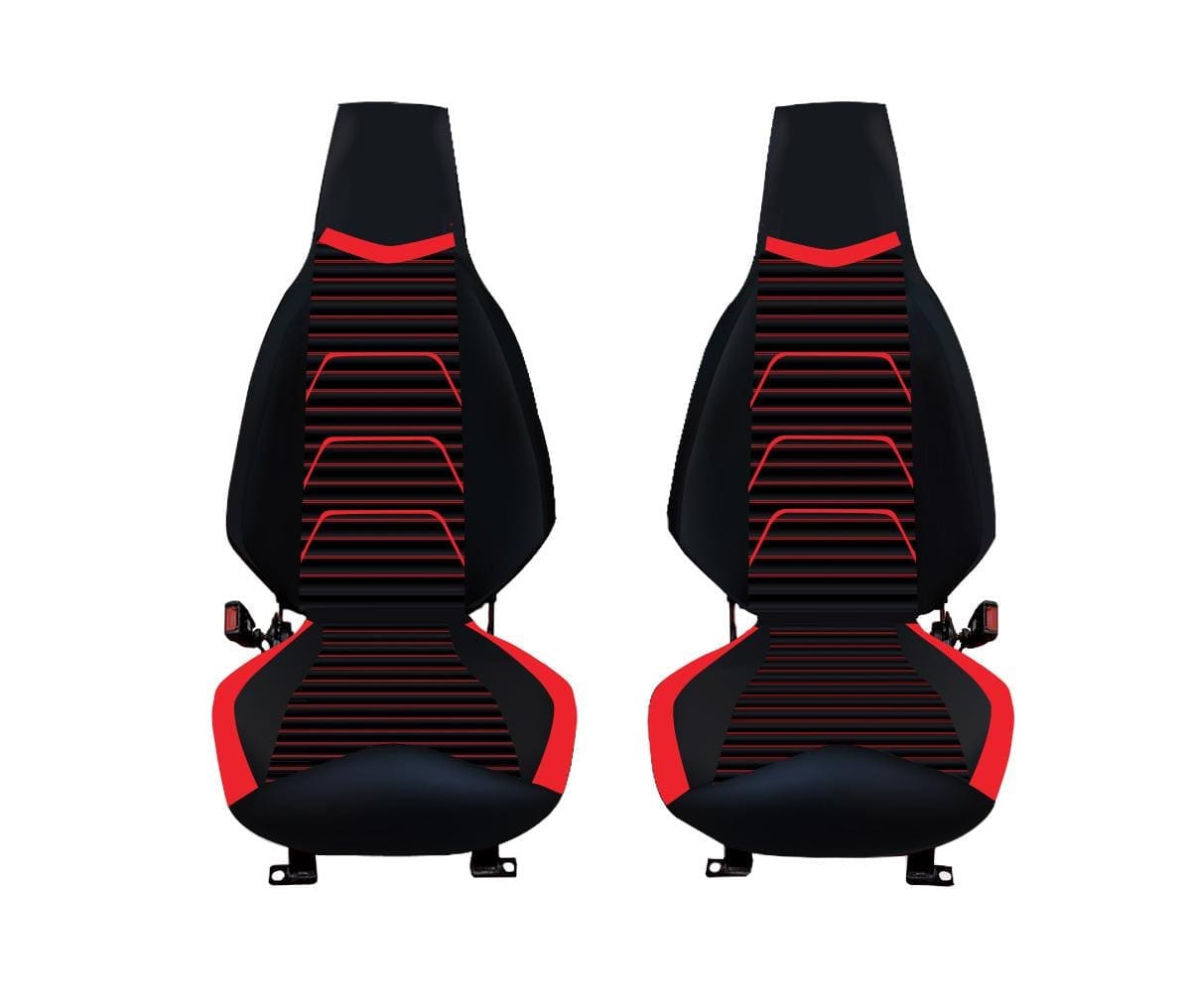 red Pair of black and red ergonomic car seats with modern design.
