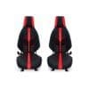 redstripe1 Two black and red car seats with safety belts, side by side.