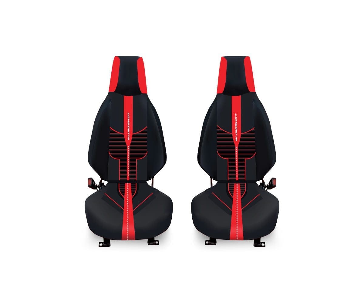 redstripe1 Two black and red car seats with safety belts, side by side.