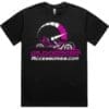 IMG_0955 Black t-shirt with pink and white racing-themed logo and text.