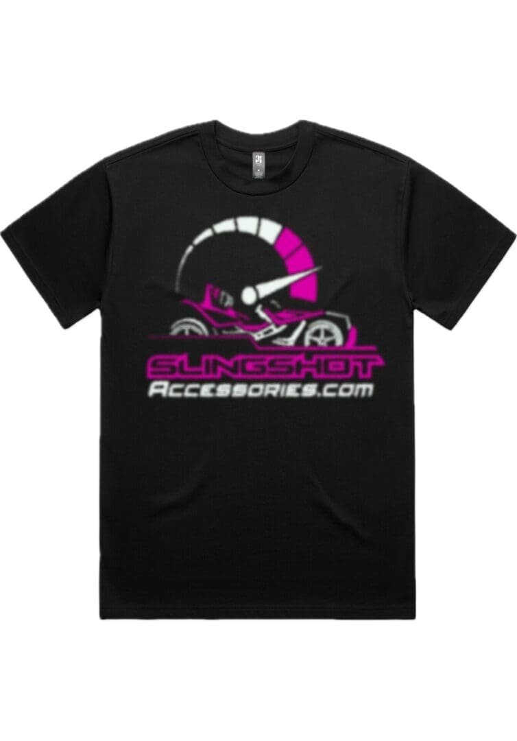 IMG_0955 Black t-shirt with pink and white racing-themed logo and text.