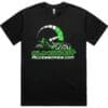 IMG_0958 Black t-shirt with green and white racing-themed graphics and text.