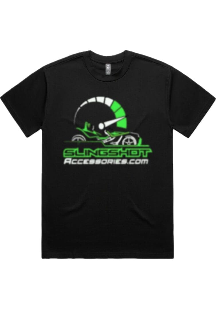 IMG_0958 Black t-shirt with green and white racing-themed graphics and text.