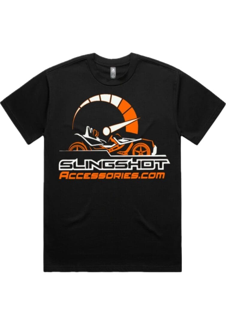 IMG_0959 Black T-shirt with Slingshot Accessory logo and orange design.
