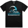 IMG_0960 Black t-shirt with a blue and white graphic logo and website text.