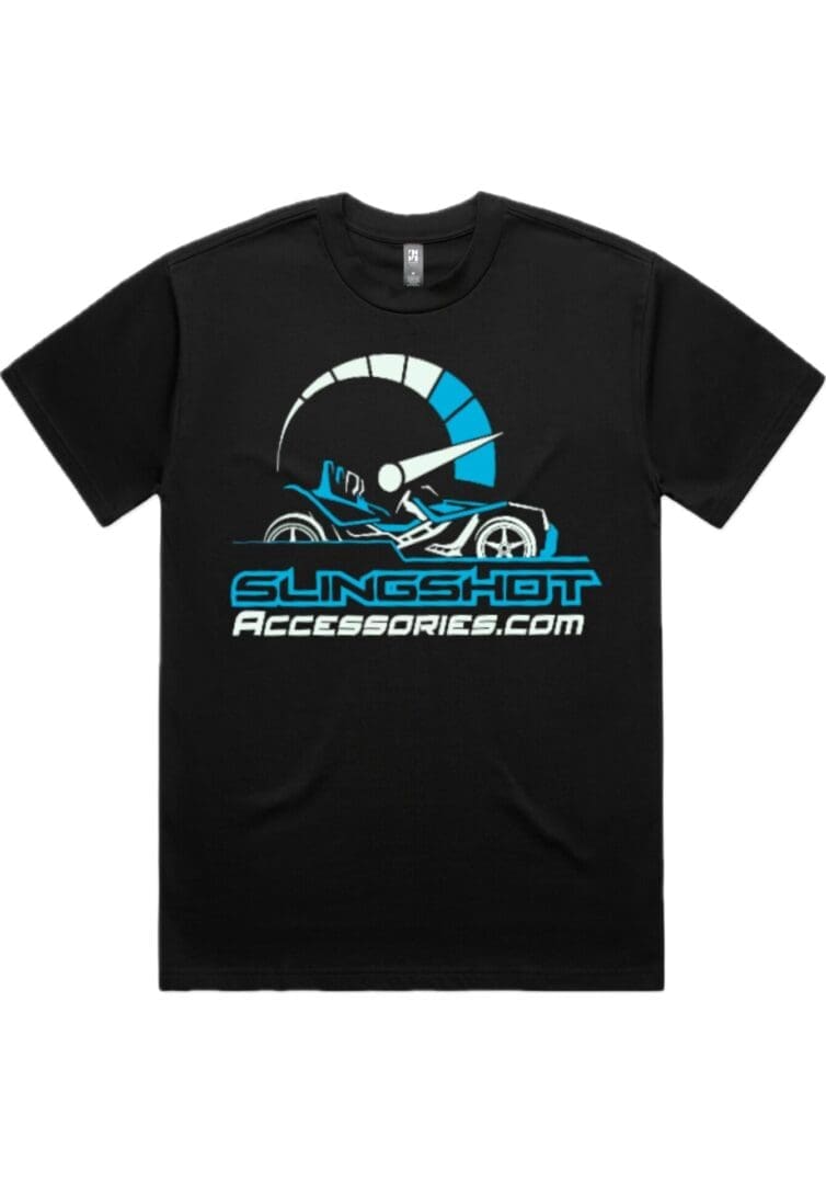 IMG_0960 Black t-shirt with a blue and white graphic logo and website text.