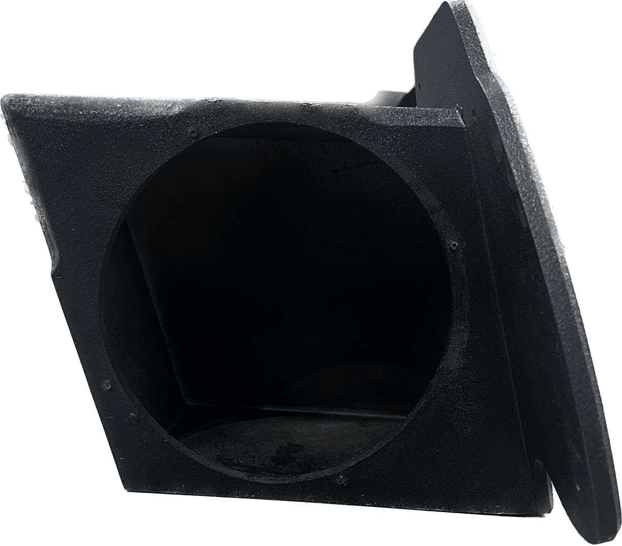 IMG_6789 Empty black speaker cabinet with angled opening.