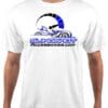 preview (4) White T-shirt with a blue and black logo and text design.