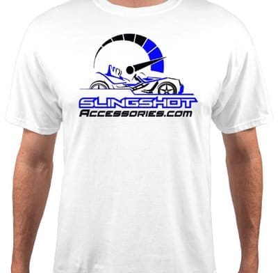 preview (4) White T-shirt with a blue and black logo and text design.