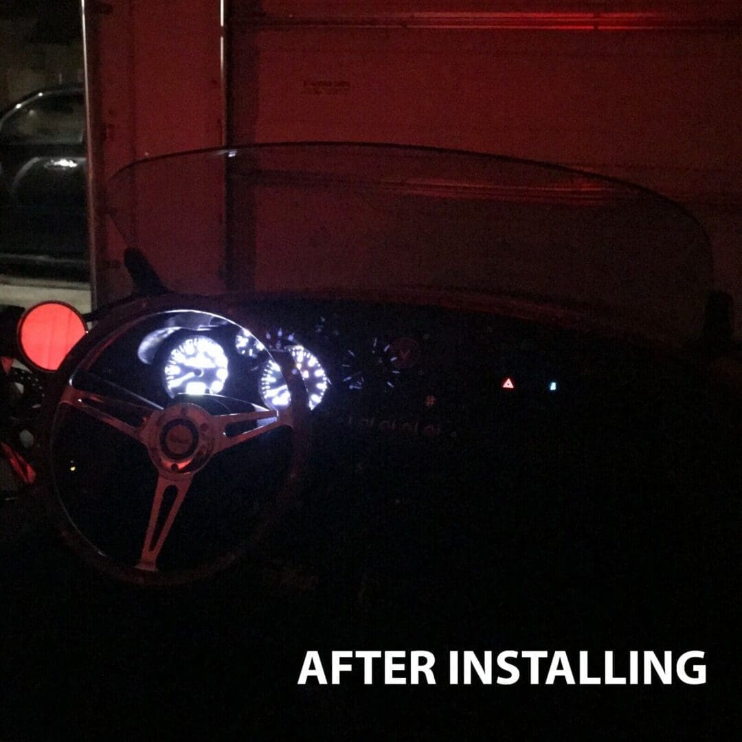 Car dashboard illuminated after installing new lights.