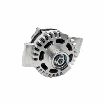 Silver automotive alternator with cooling vents and pulley.